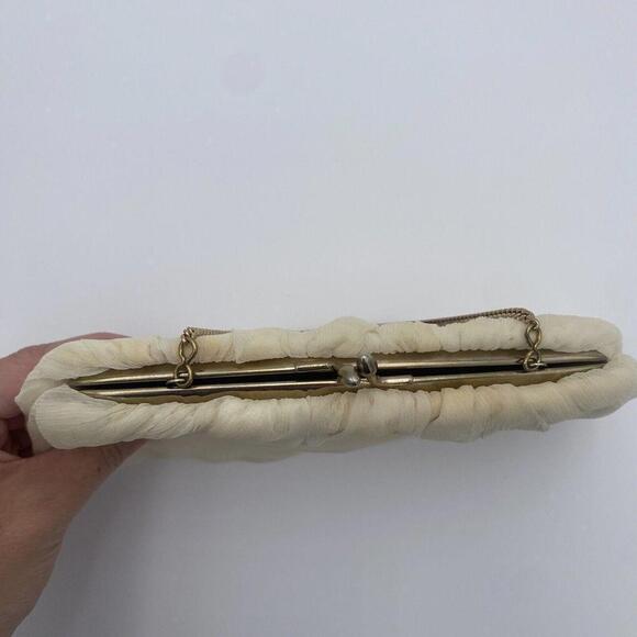 Vintage Cream Chiffon Fabric USA Clutch Evening Bag Gold Hardware Purse - Picture 9 of 12